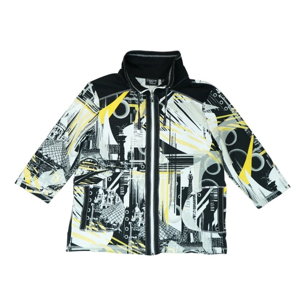 Onque Casual Full Zip 3/4 Sleeve Paris Eiffel Tower Print‎ Women’s Shirt Size L